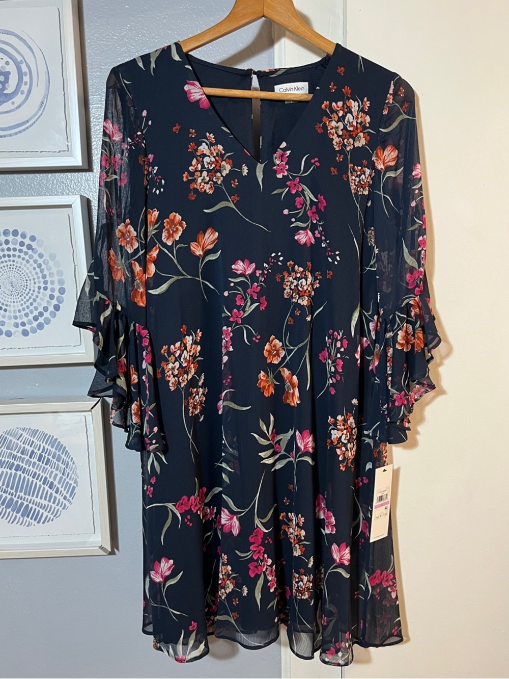 Calvin Klein Women’s Navy Floral Chiffon Lined Ruffle-Sleeve Dress Size 6 NWT